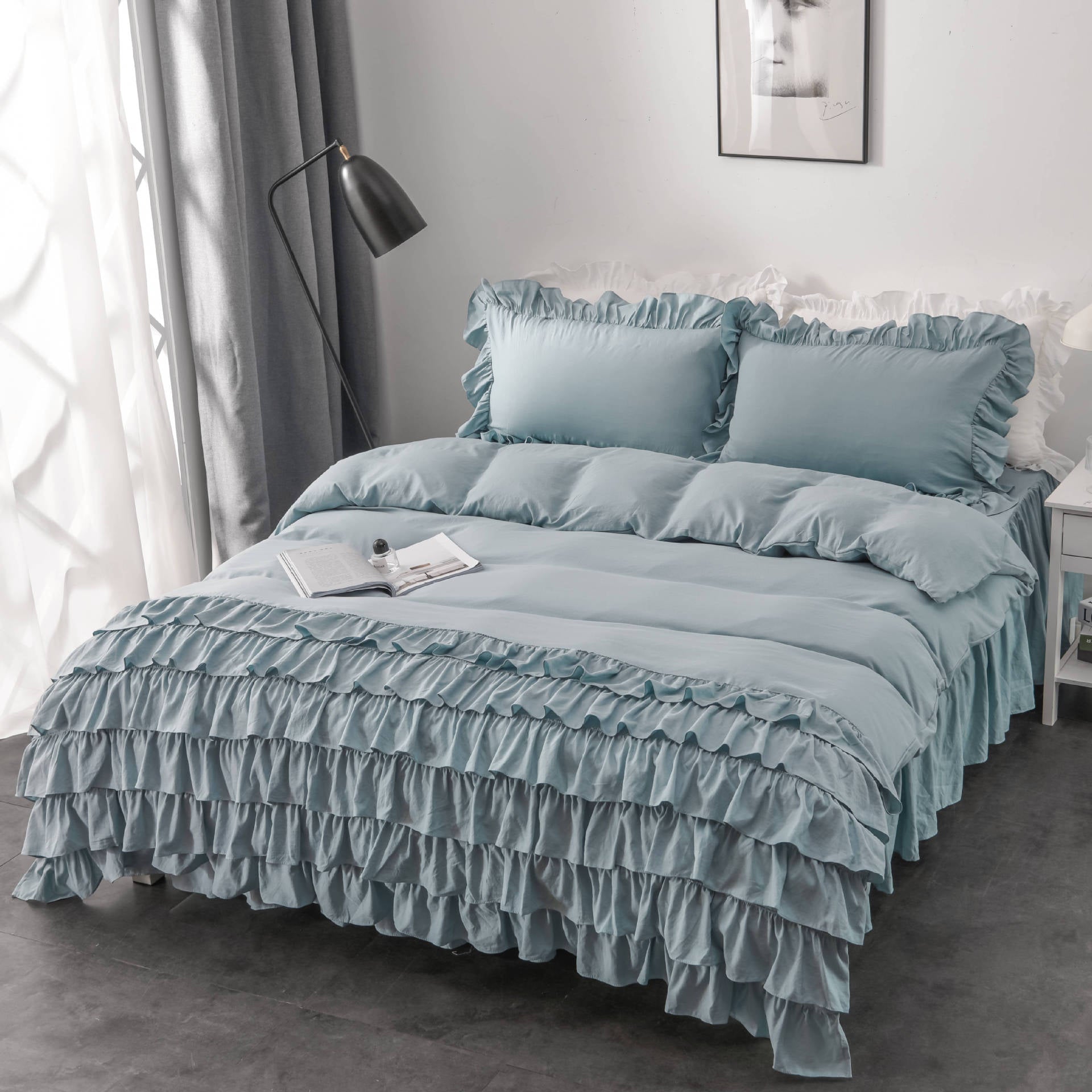 Multi-Edge Ruffled Princess Style Fashionable Elegant Washed Cotton Bedding Set - 3 Pieces - Calm Cloud Bedding